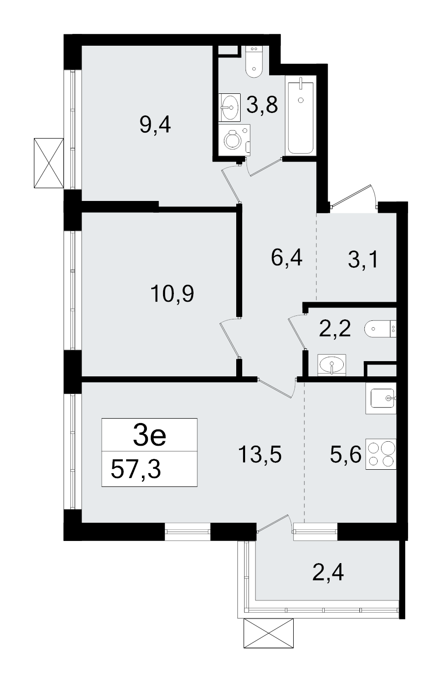 3-комнатная (Евро) квартира, 57.3 м² - планировка, фото №1