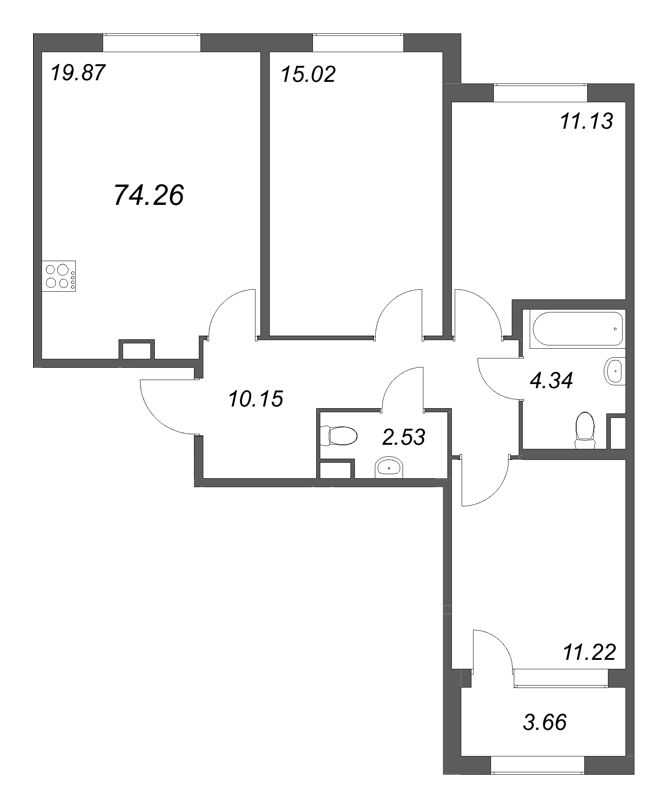 4-комнатная (Евро) квартира, 74.26 м² в ЖК "Дубровский" - планировка, фото №1