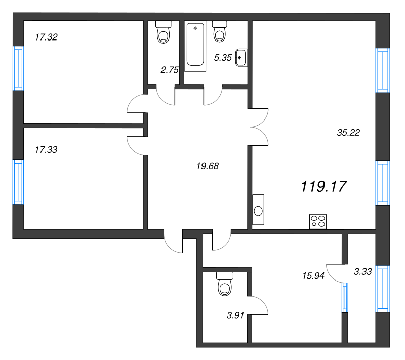 4-комнатная (Евро) квартира, 118.5 м² - планировка, фото №1