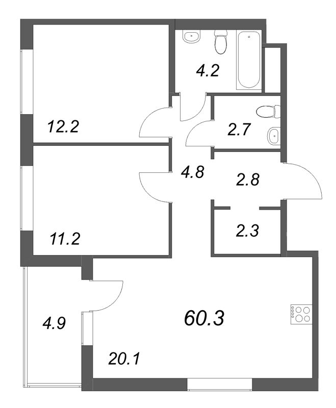 3-комнатная (Евро) квартира, 60.3 м² в ЖК "Передвижники" - планировка, фото №1