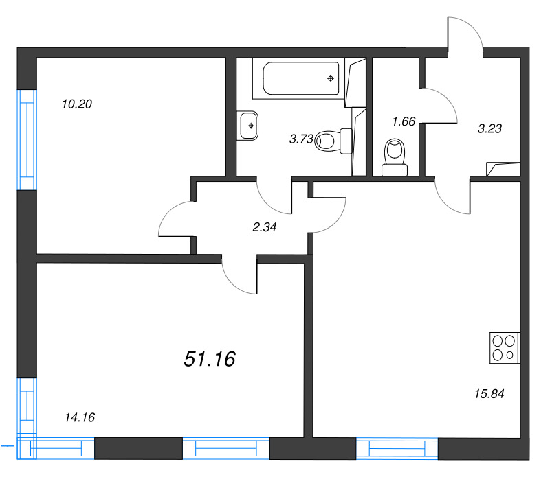 3-комнатная (Евро) квартира, 51.16 м² в ЖК "AEROCITY" - планировка, фото №1