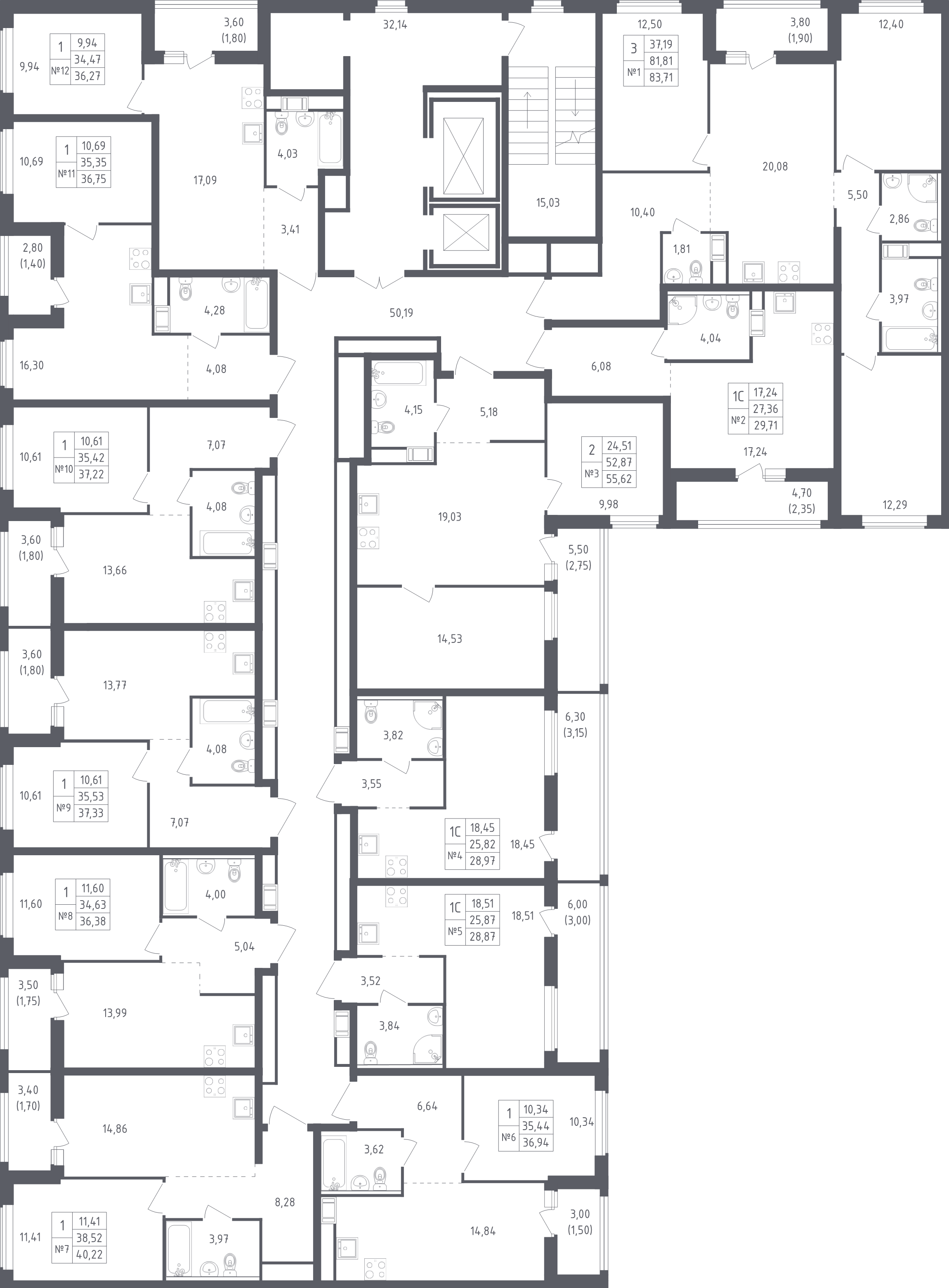 4-комнатная (Евро) квартира, 83.71 м² - планировка этажа