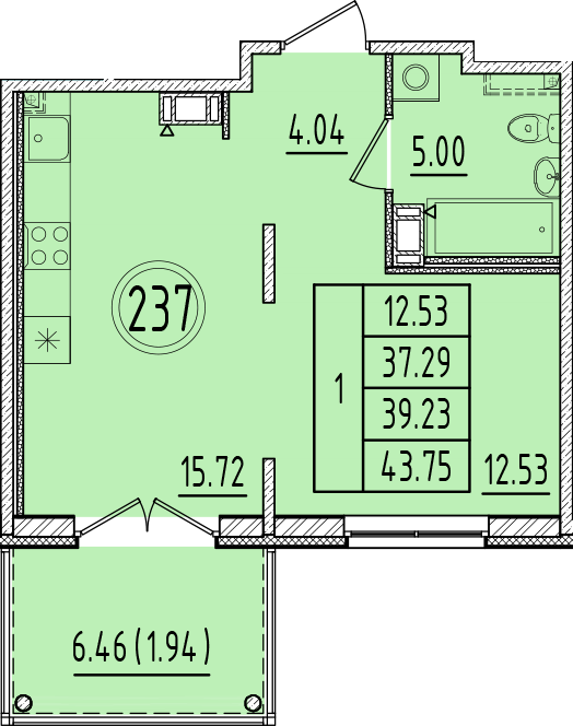 2-комнатная (Евро) квартира, 37.29 м² в ЖК "Образцовый квартал 6.4" - планировка, фото №1