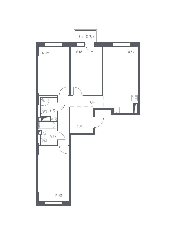 4-комнатная (Евро) квартира, 77.49 м² в ЖК "Квартал Лаголово" - планировка, фото №1