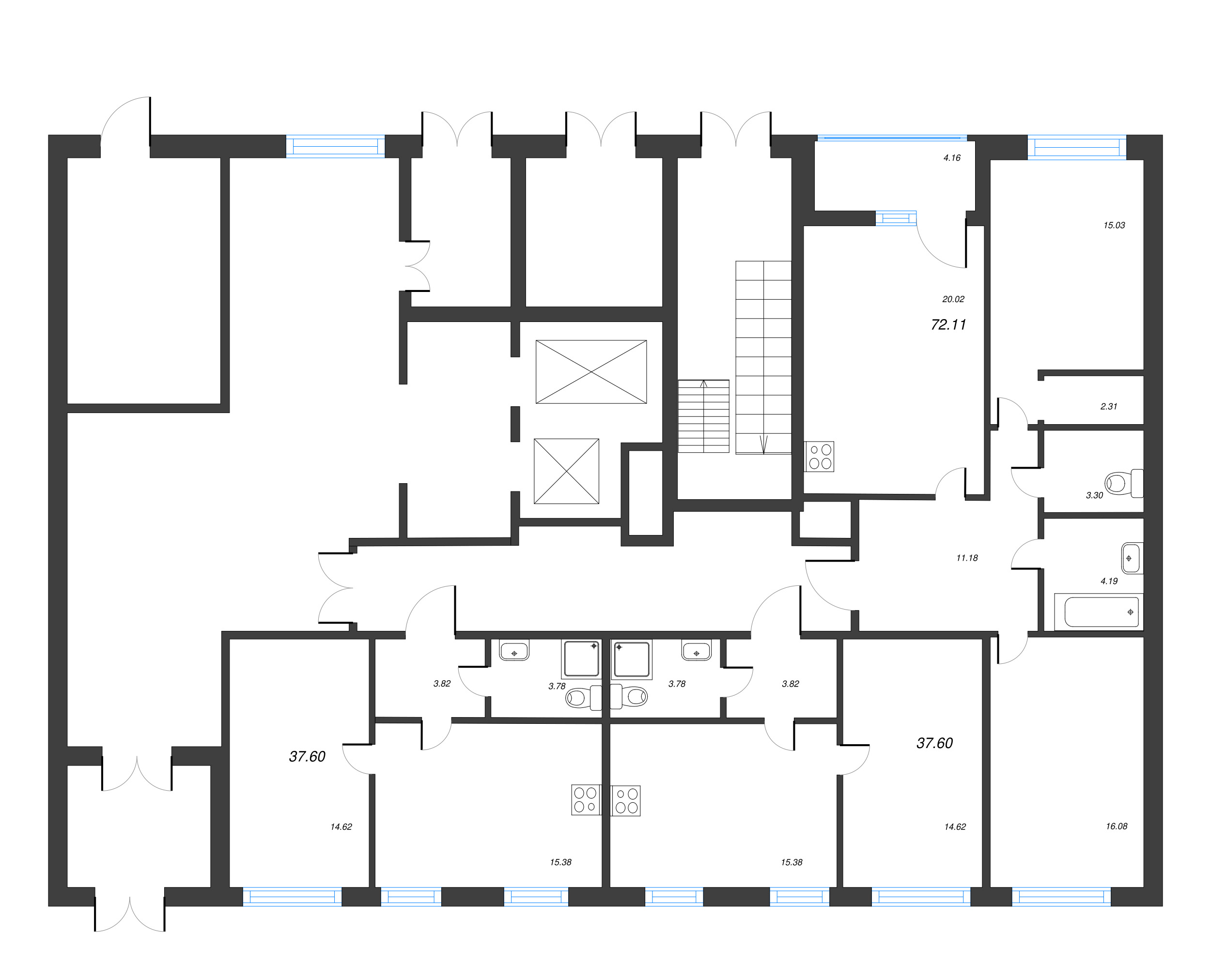 2-комнатная (Евро) квартира, 37.6 м² - планировка этажа