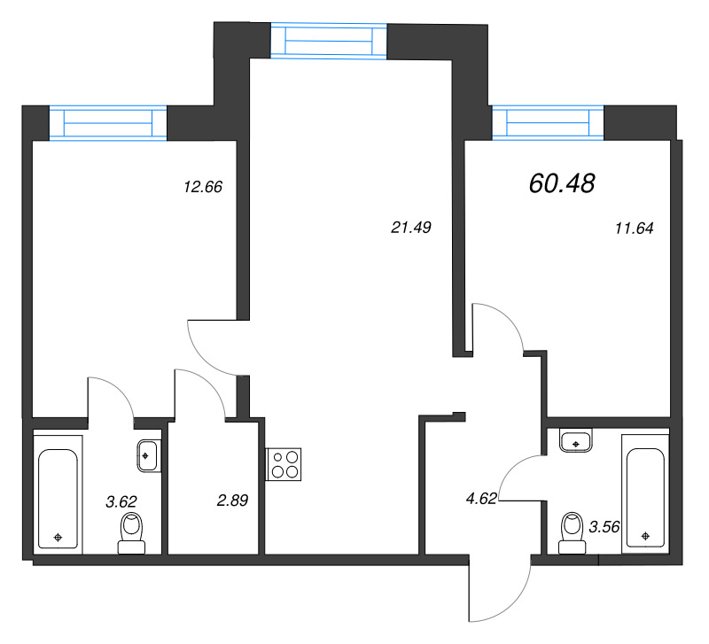 3-комнатная (Евро) квартира, 60.48 м² в ЖК "Alpen" - планировка, фото №1