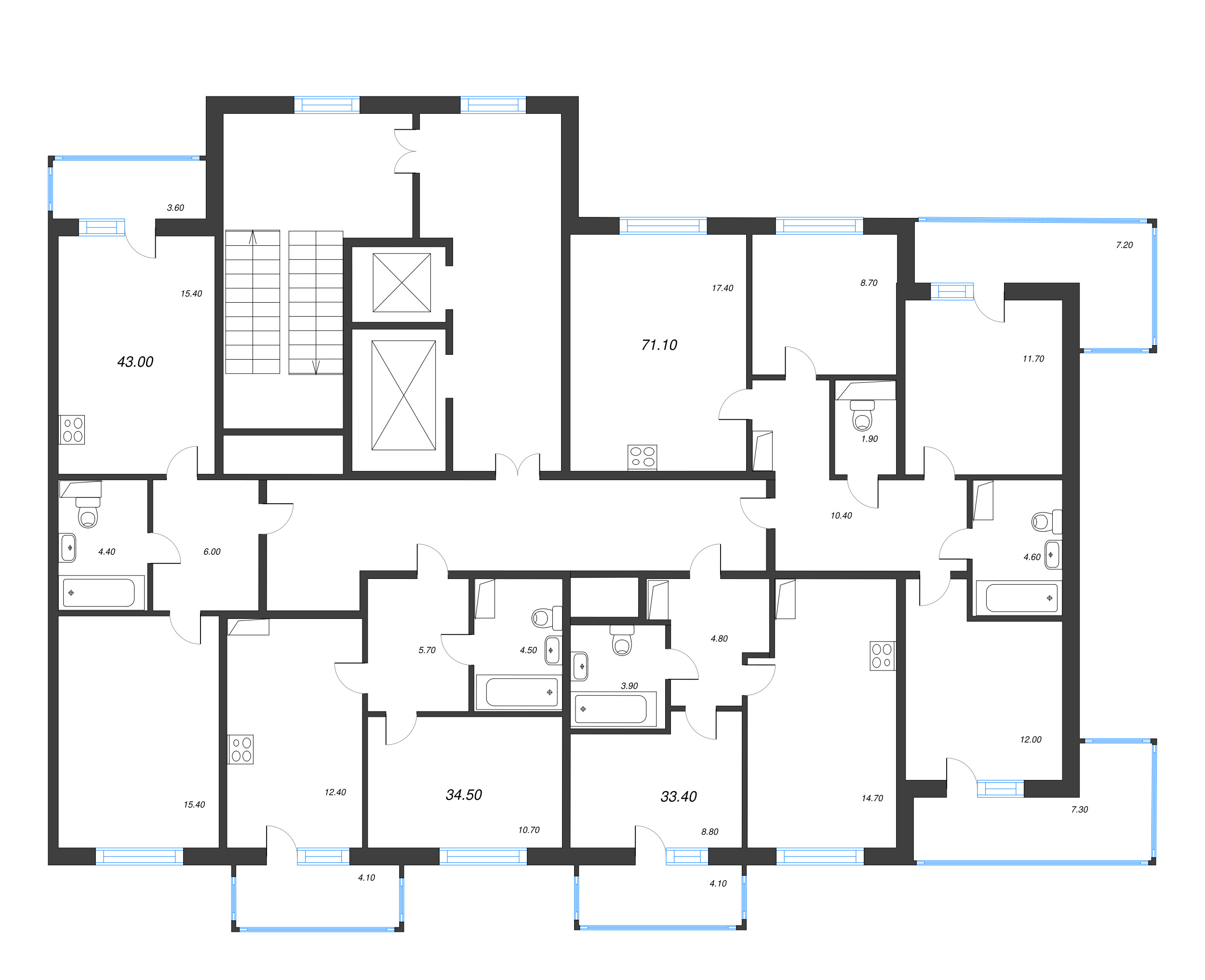 1-комнатная квартира, 43 м² - планировка этажа