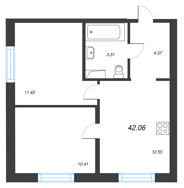 2-комнатная квартира, 42.06 м² в ЖК "Окла" - планировка, фото №1