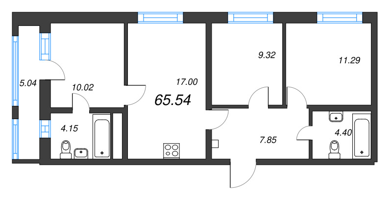 4-комнатная (Евро) квартира, 65.54 м² в ЖК "Старлайт" - планировка, фото №1