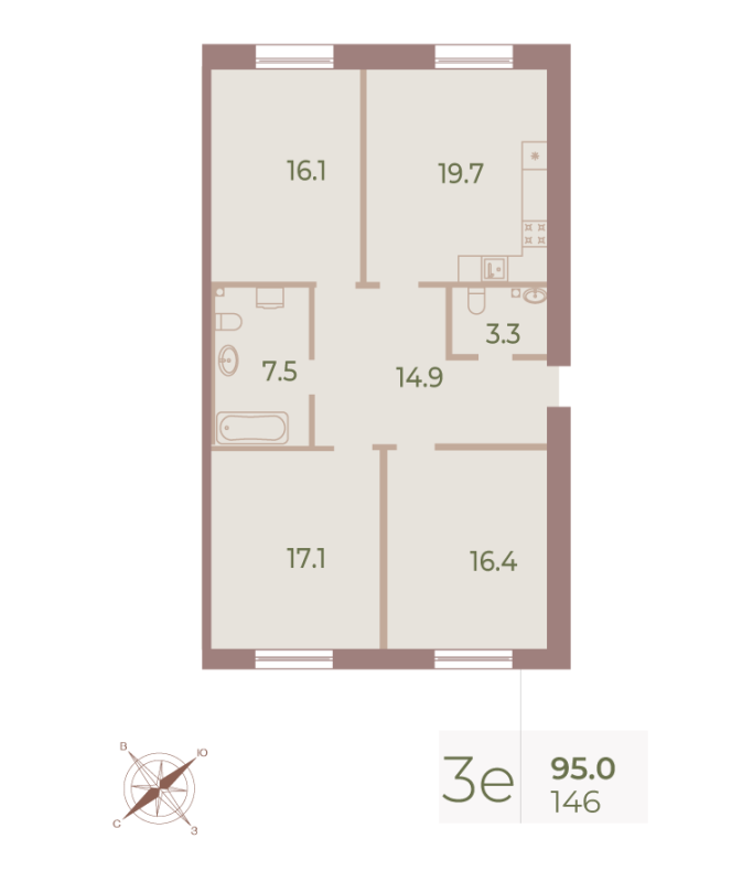 4-комнатная (Евро) квартира, 95.1 м² - планировка, фото №1