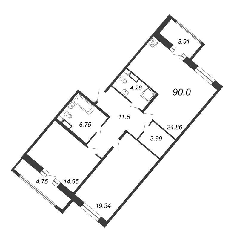 3-комнатная (Евро) квартира, 90 м² в ЖК "Modum" - планировка, фото №1