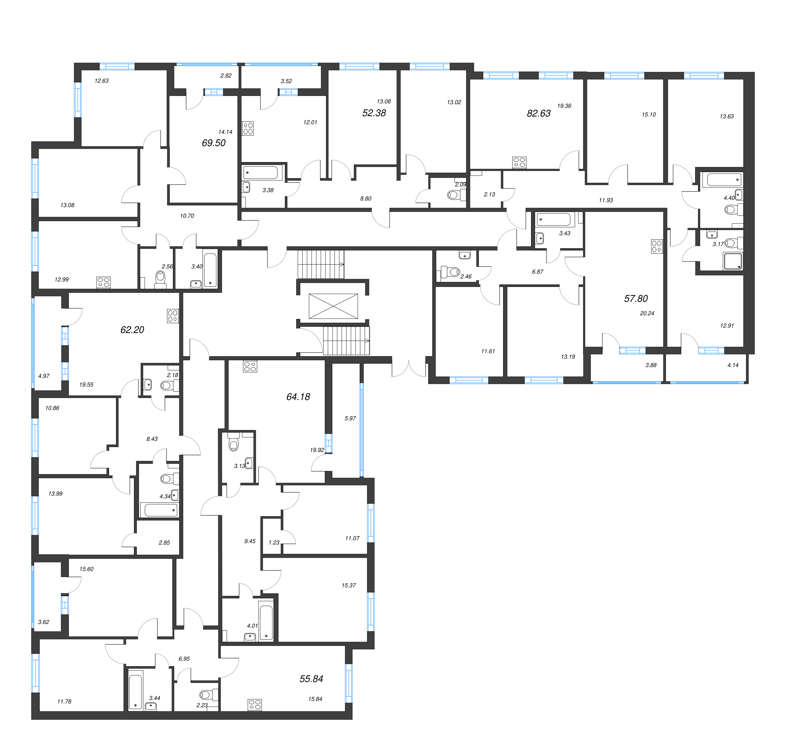 3-комнатная (Евро) квартира, 57.8 м² - планировка этажа