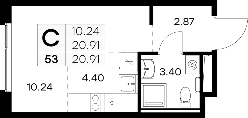 Квартира-студия, 20.91 м² - планировка, фото №1
