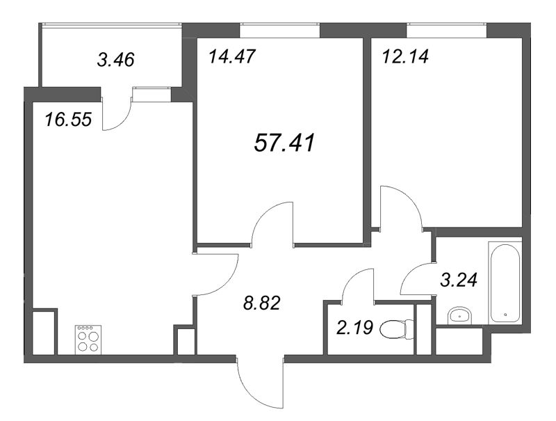 3-комнатная (Евро) квартира, 57.41 м² - планировка, фото №1