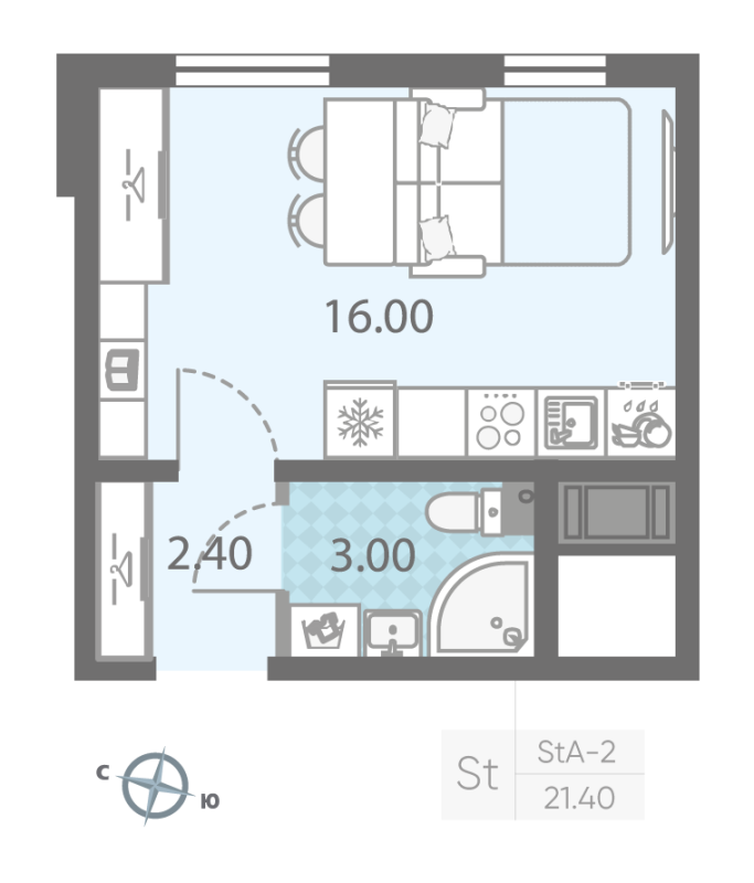 Квартира-студия, 21.4 м² - планировка, фото №1