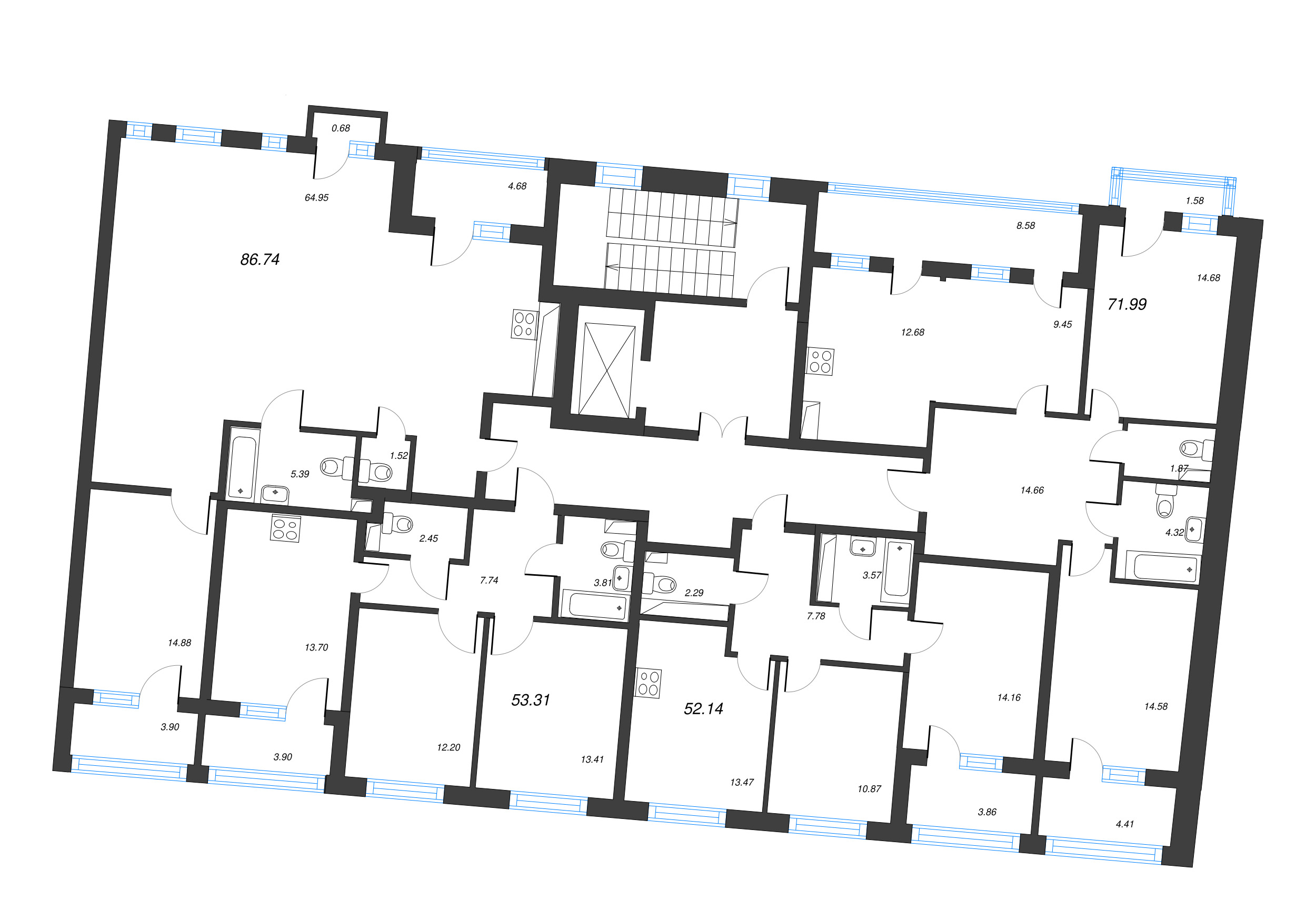 2-комнатная квартира, 54.07 м² в ЖК "Кронфорт. Центральный" - планировка этажа
