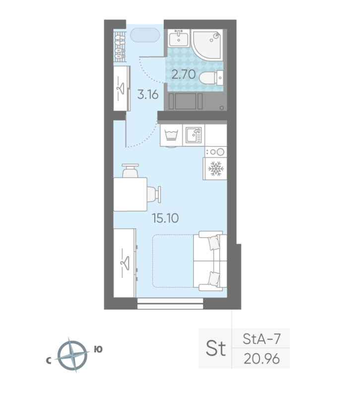 Квартира-студия, 20.8 м² в ЖК "Ручьи" - планировка, фото №1