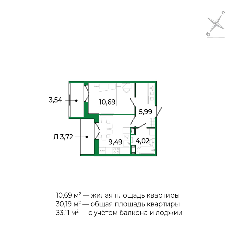 1-комнатная квартира, 33.11 м² в ЖК "Сертолово Парк" - планировка, фото №1