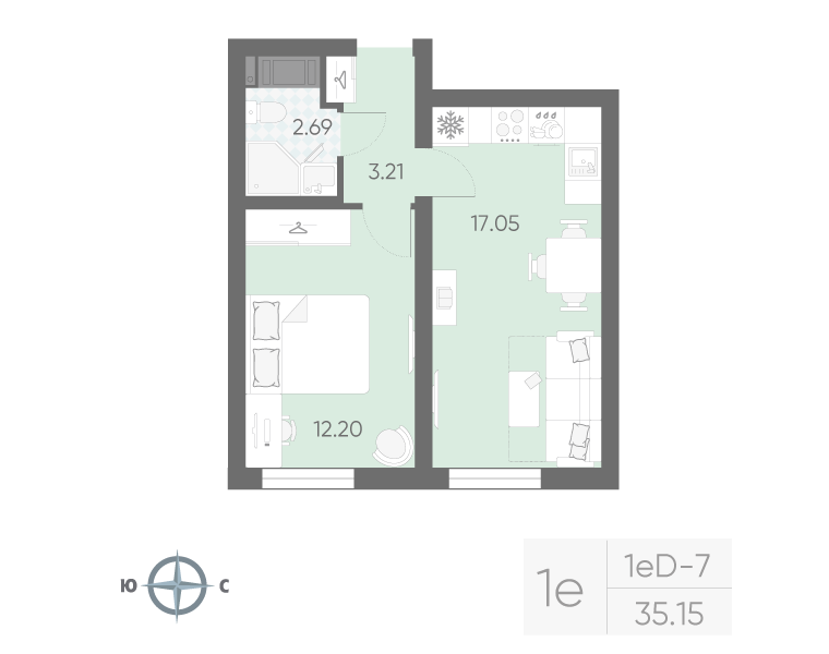 2-комнатная (Евро) квартира, 35.15 м² в ЖК "Морская миля" - планировка, фото №1