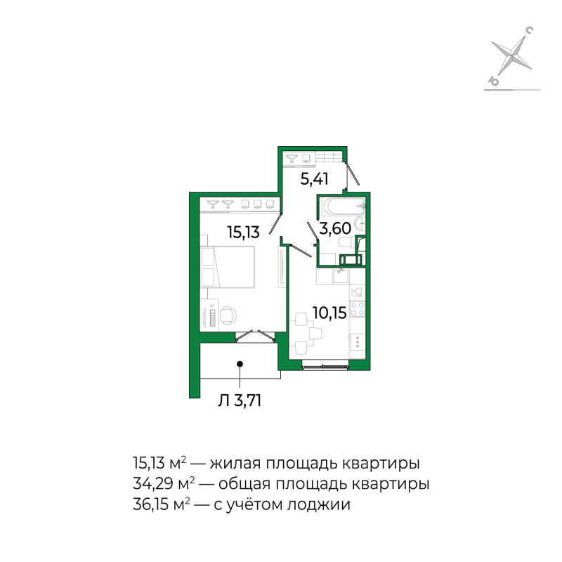 1-комнатная квартира, 36.15 м² в ЖК "Сертолово Парк" - планировка, фото №1