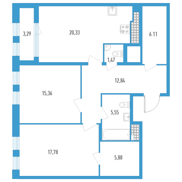2-комнатная квартира, 86.97 м² в ЖК "Дефанс Премиум" - планировка, фото №1