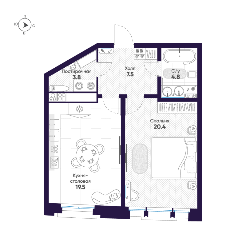 2-комнатная (Евро) квартира, 56 м² в ЖК "Mariinka Deluxe" - планировка, фото №1