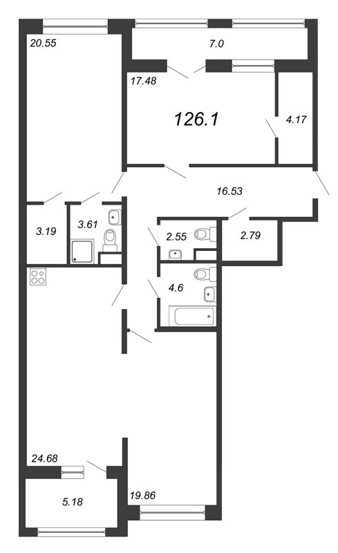 4-комнатная (Евро) квартира, 126.1 м² - планировка, фото №1