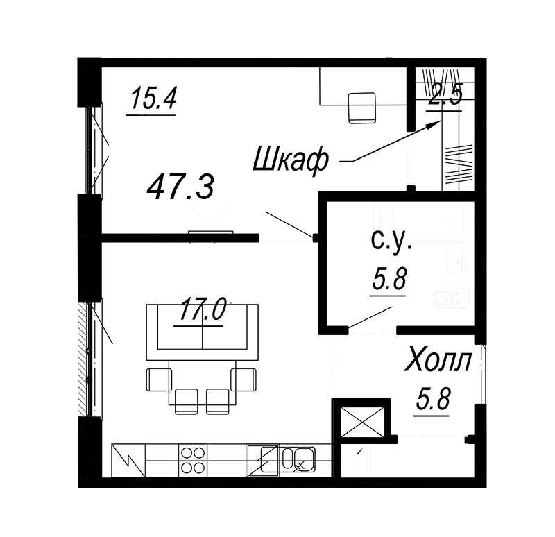 2-комнатная (Евро) квартира, 48.7 м² - планировка, фото №1