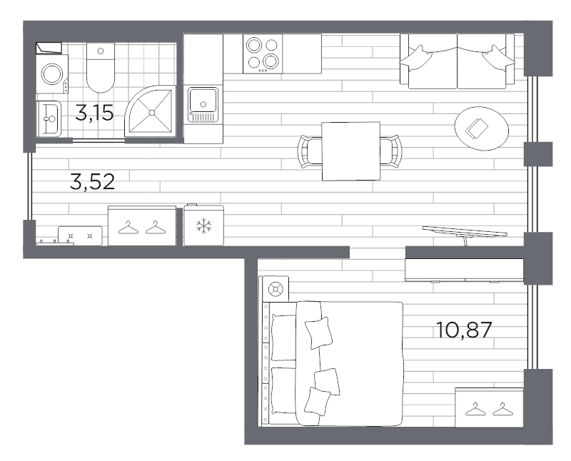 2-комнатная (Евро) квартира, 35.04 м² в ЖК "Сезоны" - планировка, фото №1