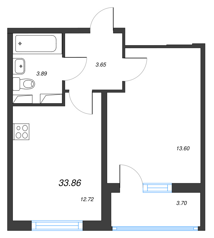 1-комнатная квартира, 33.86 м² в ЖК "Любоград" - планировка, фото №1