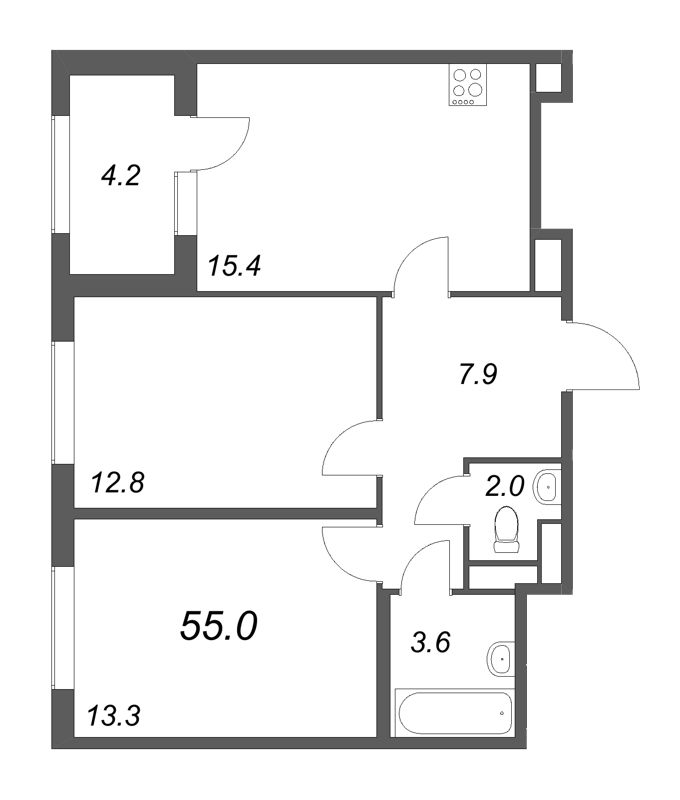 3-комнатная (Евро) квартира, 55 м² в ЖК "ЮгТаун" - планировка, фото №1