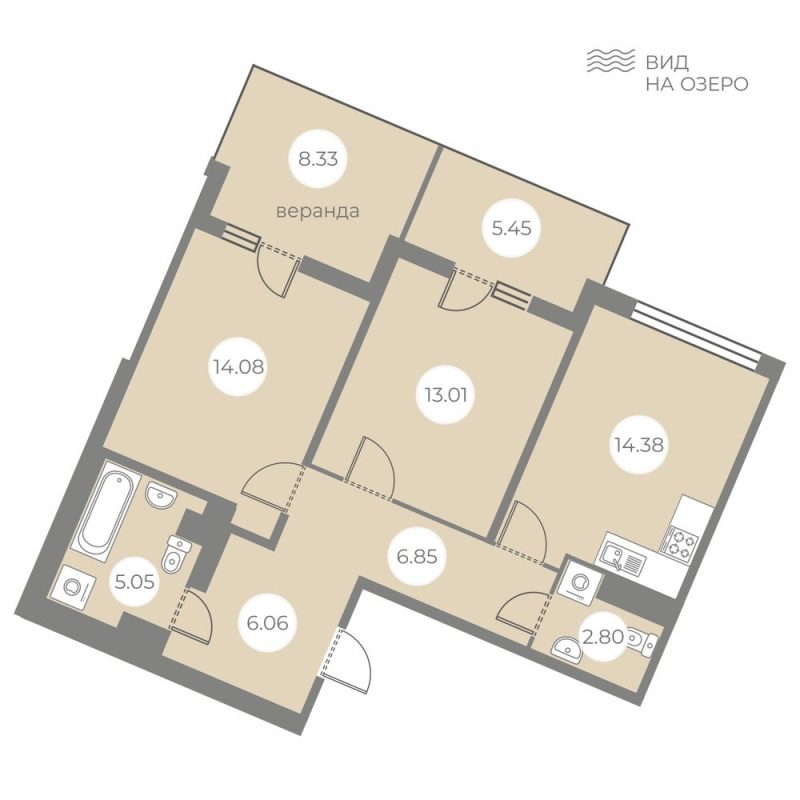 2-комнатная квартира, 72.2 м² - планировка, фото №1