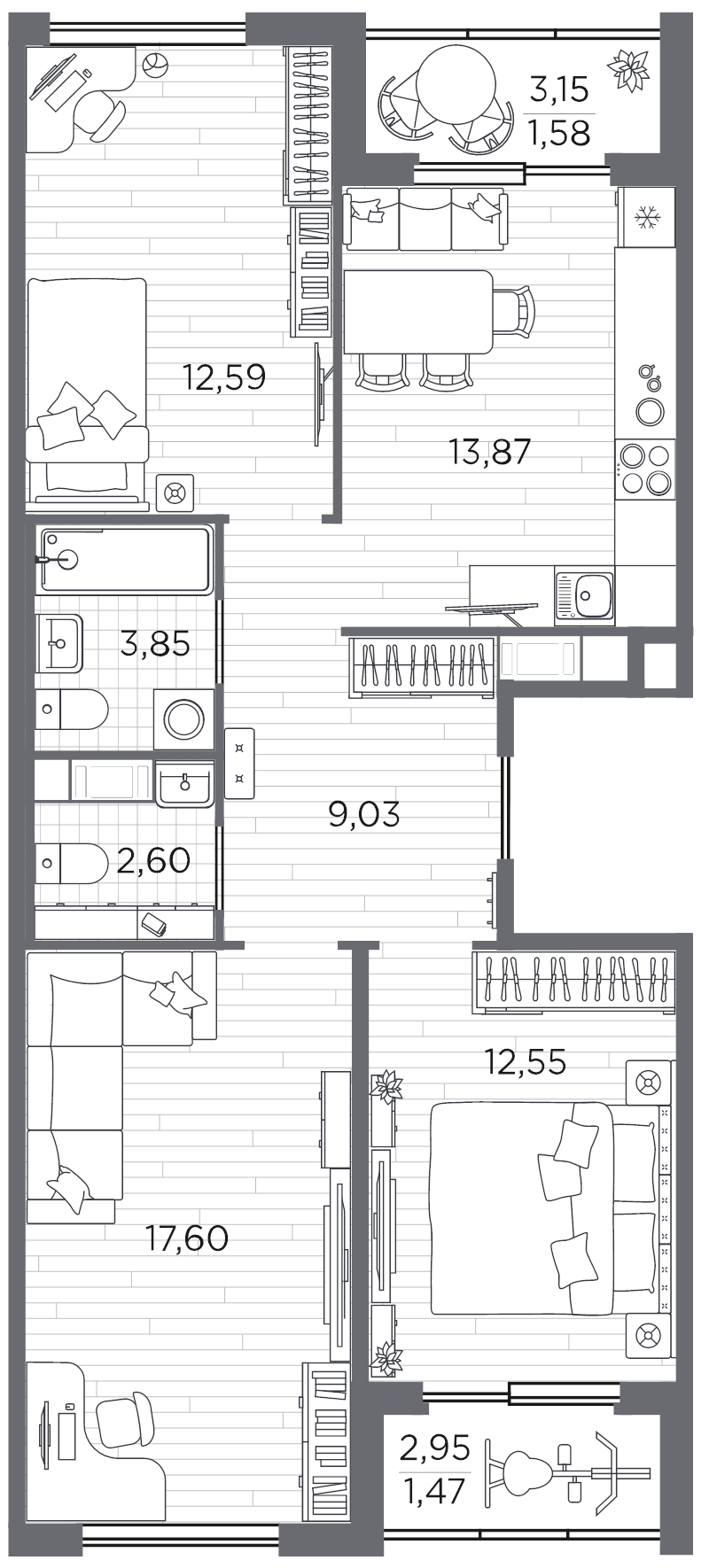 3-комнатная квартира, 75.14 м² в ЖК "PLUS Пулковский" - планировка, фото №1