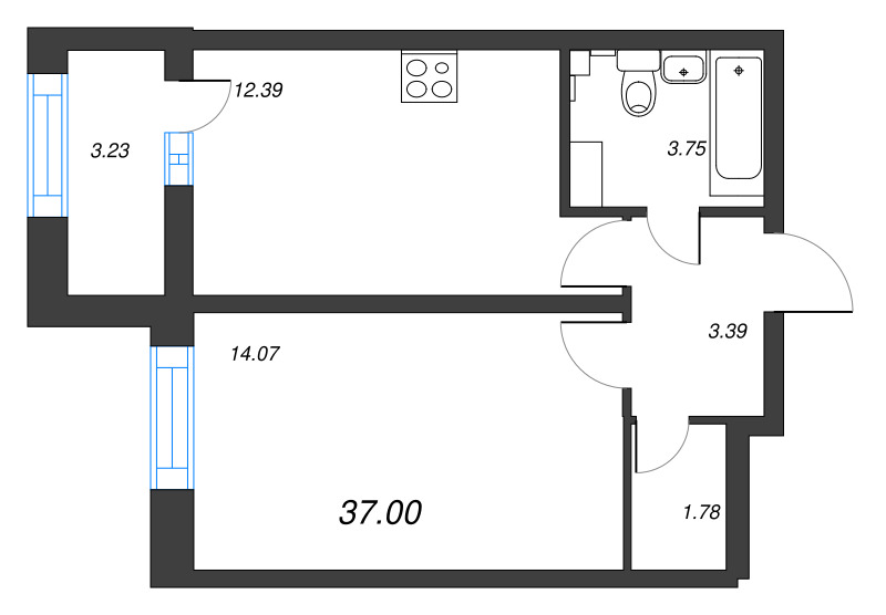 1-комнатная квартира, 37 м² в ЖК "БелАрт" - планировка, фото №1
