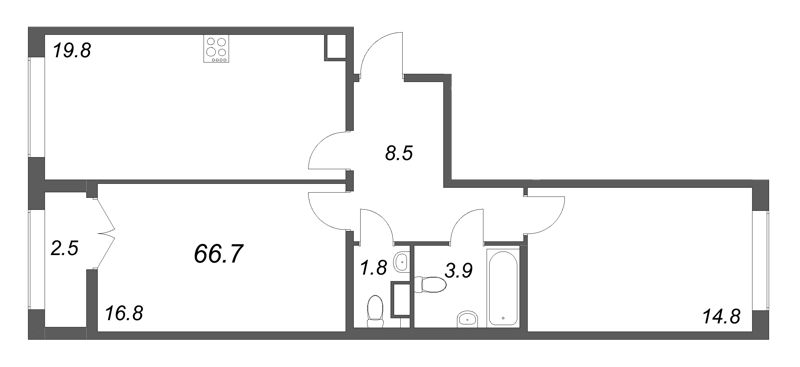 3-комнатная (Евро) квартира, 66.7 м² - планировка, фото №1