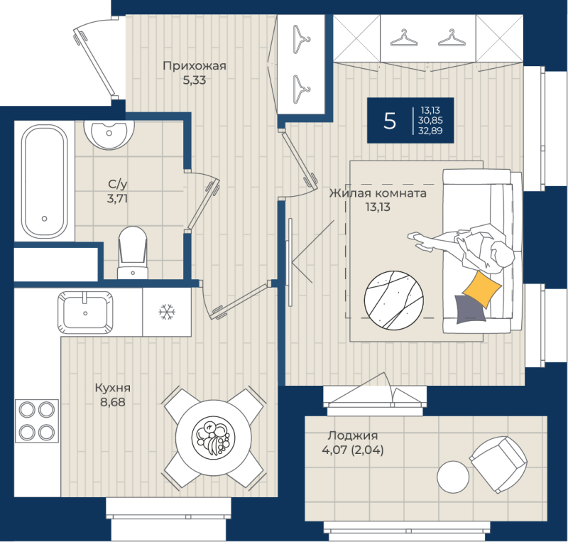 1-комнатная квартира, 32.89 м² в ЖК "Новатория" - планировка, фото №1