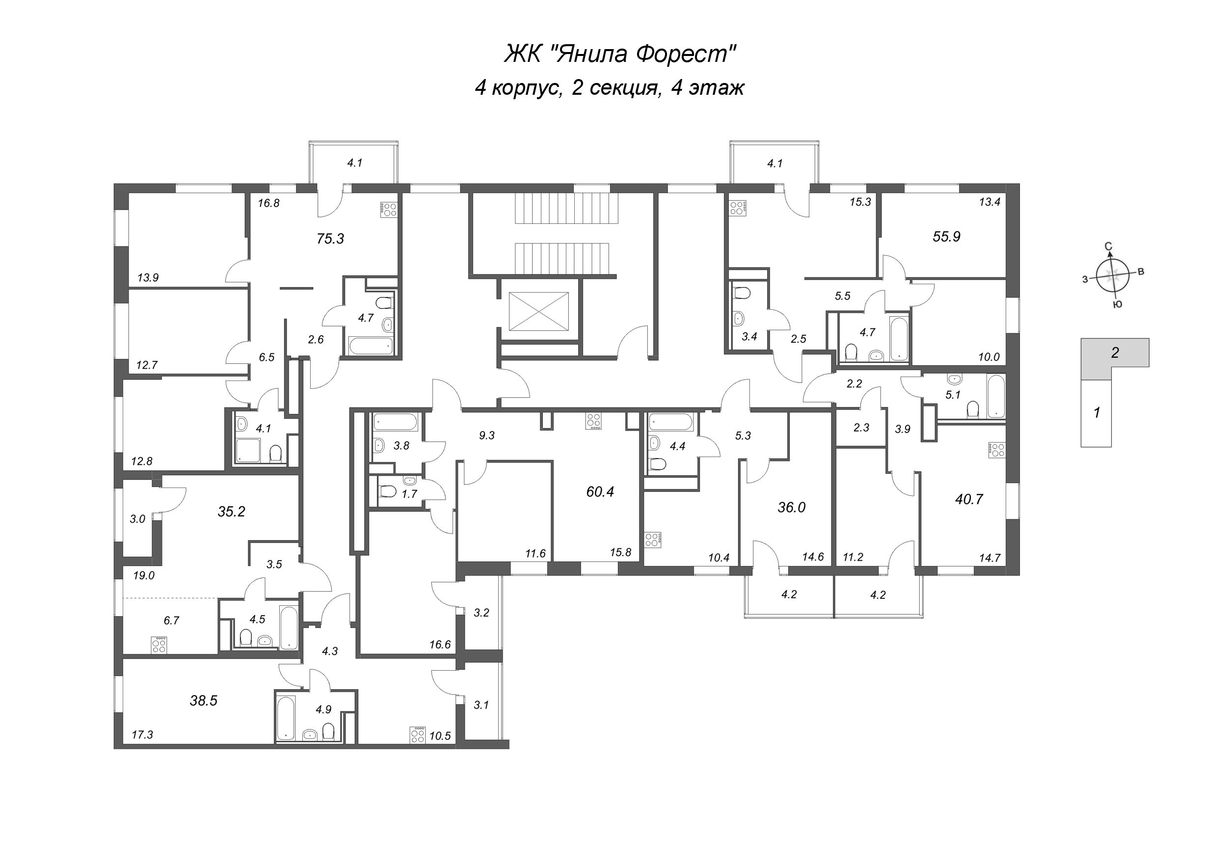 3-комнатная (Евро) квартира, 55.9 м² в ЖК "Янила Форест" - планировка этажа