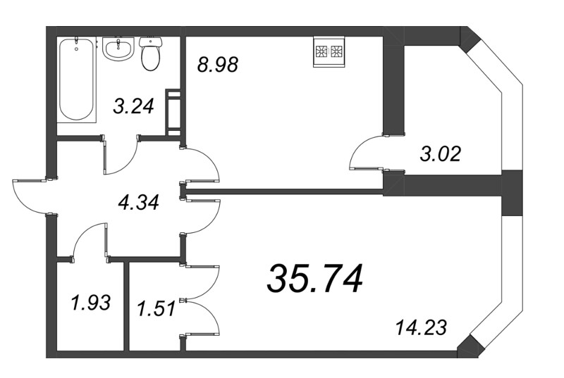 1-комнатная квартира, 35.74 м² в ЖК "Капральский" - планировка, фото №1