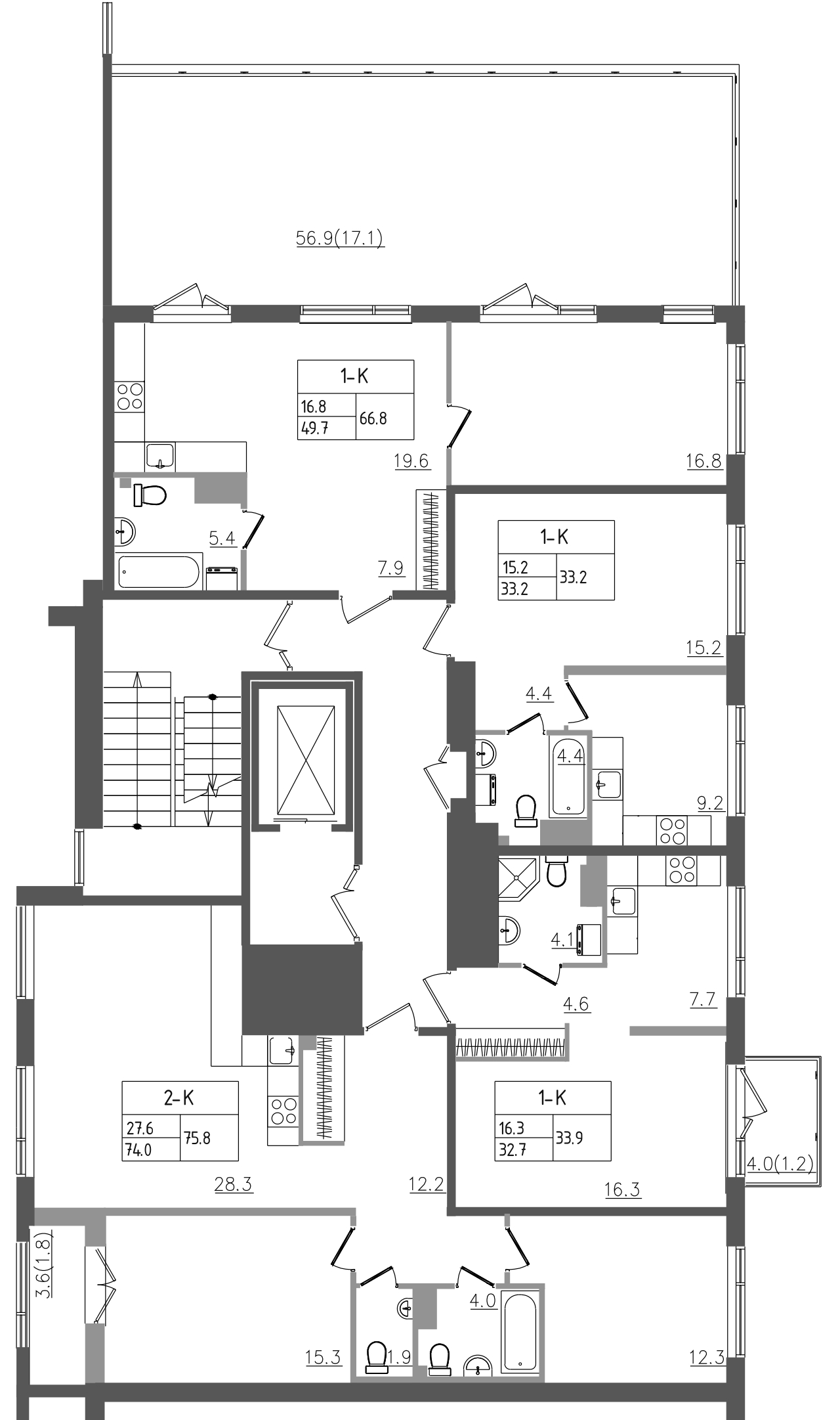 3-комнатная (Евро) квартира, 75.8 м² в ЖК "Upoint" - планировка этажа