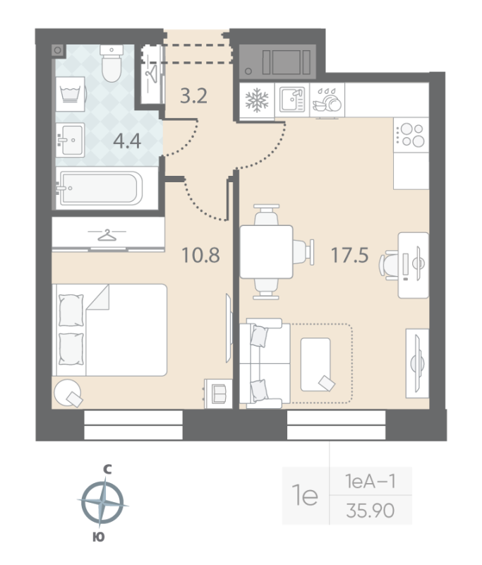 1-комнатная квартира, 35.9 м² в ЖК "Большая Охта" - планировка, фото №1