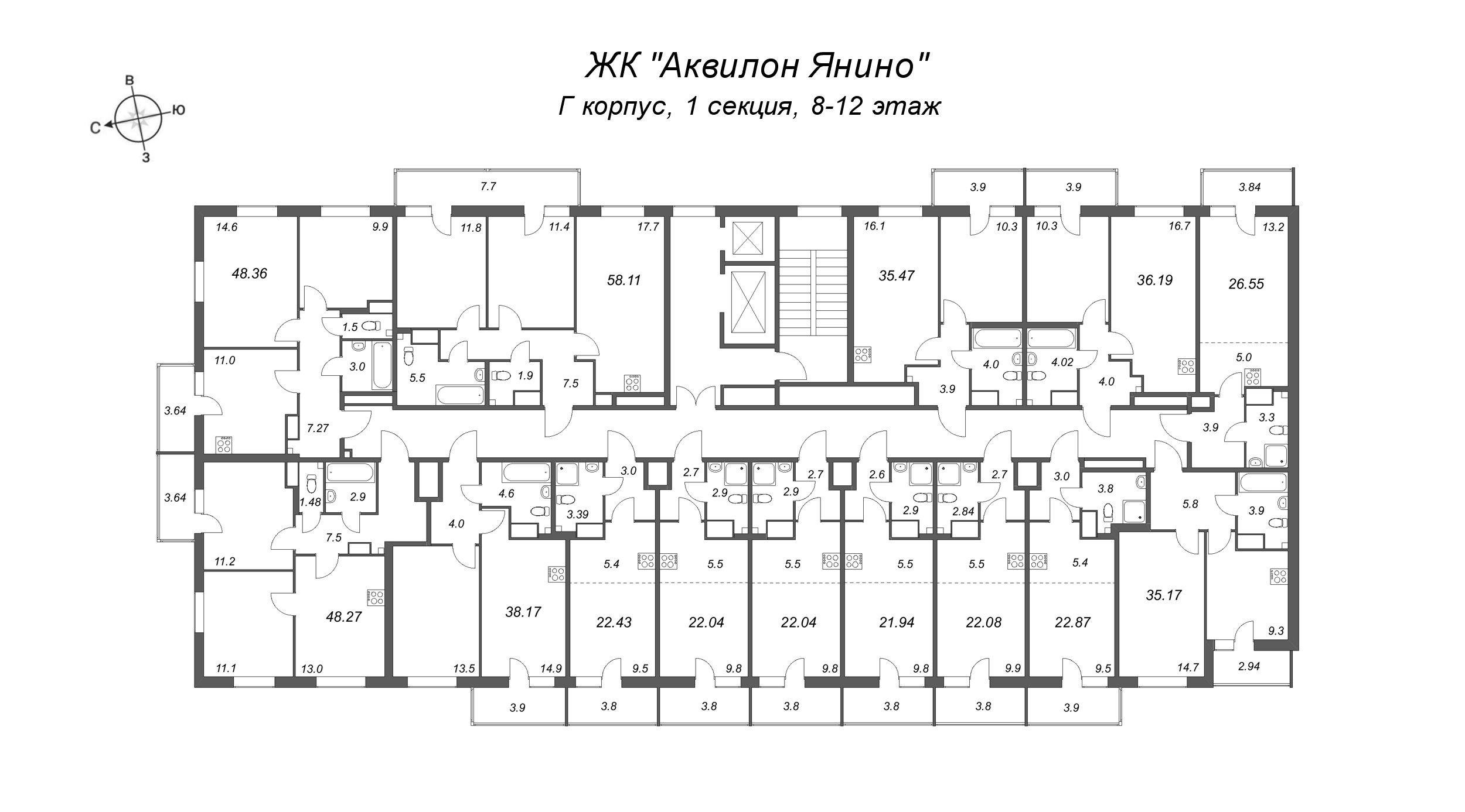 1-комнатная квартира, 35.17 м² в ЖК "Аквилон Янино" - планировка этажа