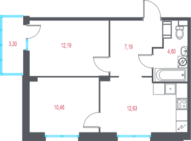 2-комнатная квартира, 48.06 м² в ЖК "Город-спутник Южный" - планировка, фото №1
