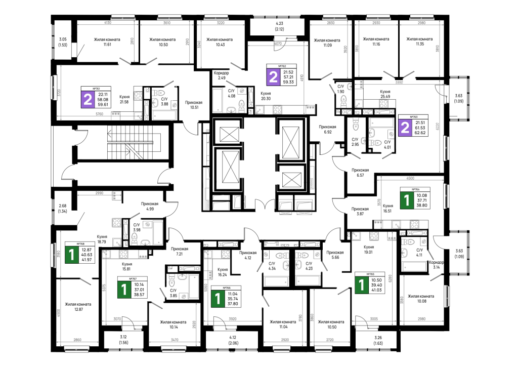 3-комнатная (Евро) квартира, 59.33 м² в ЖК "Имена" - планировка этажа