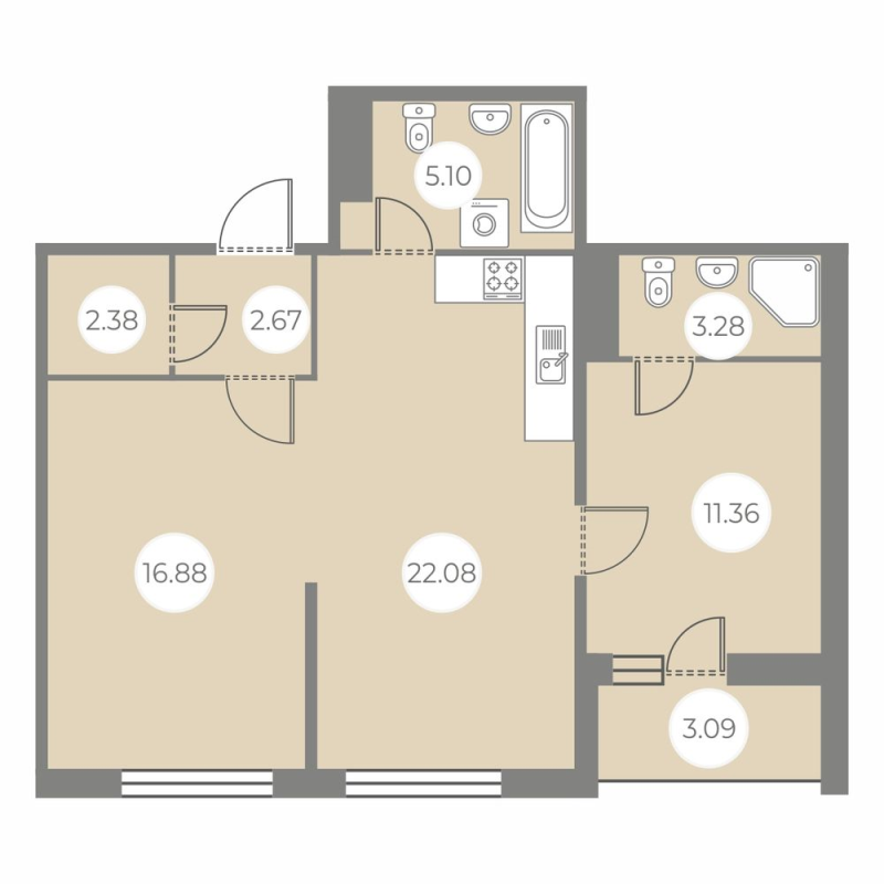 2-комнатная (Евро) квартира, 65.3 м² - планировка, фото №1