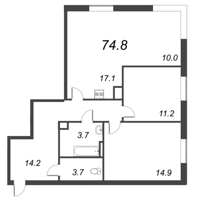 3-комнатная (Евро) квартира, 74.7 м² - планировка, фото №1