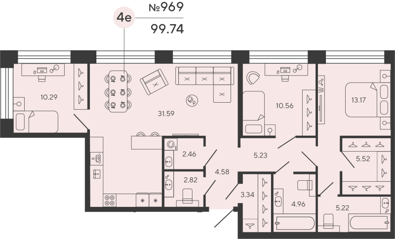 4-комнатная (Евро) квартира, 99.74 м² в ЖК "Башни Элемент" - планировка, фото №1