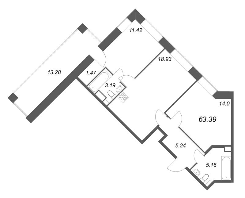 3-комнатная (Евро) квартира, 63.39 м² в ЖК "Аквилон RekaPark" - планировка, фото №1