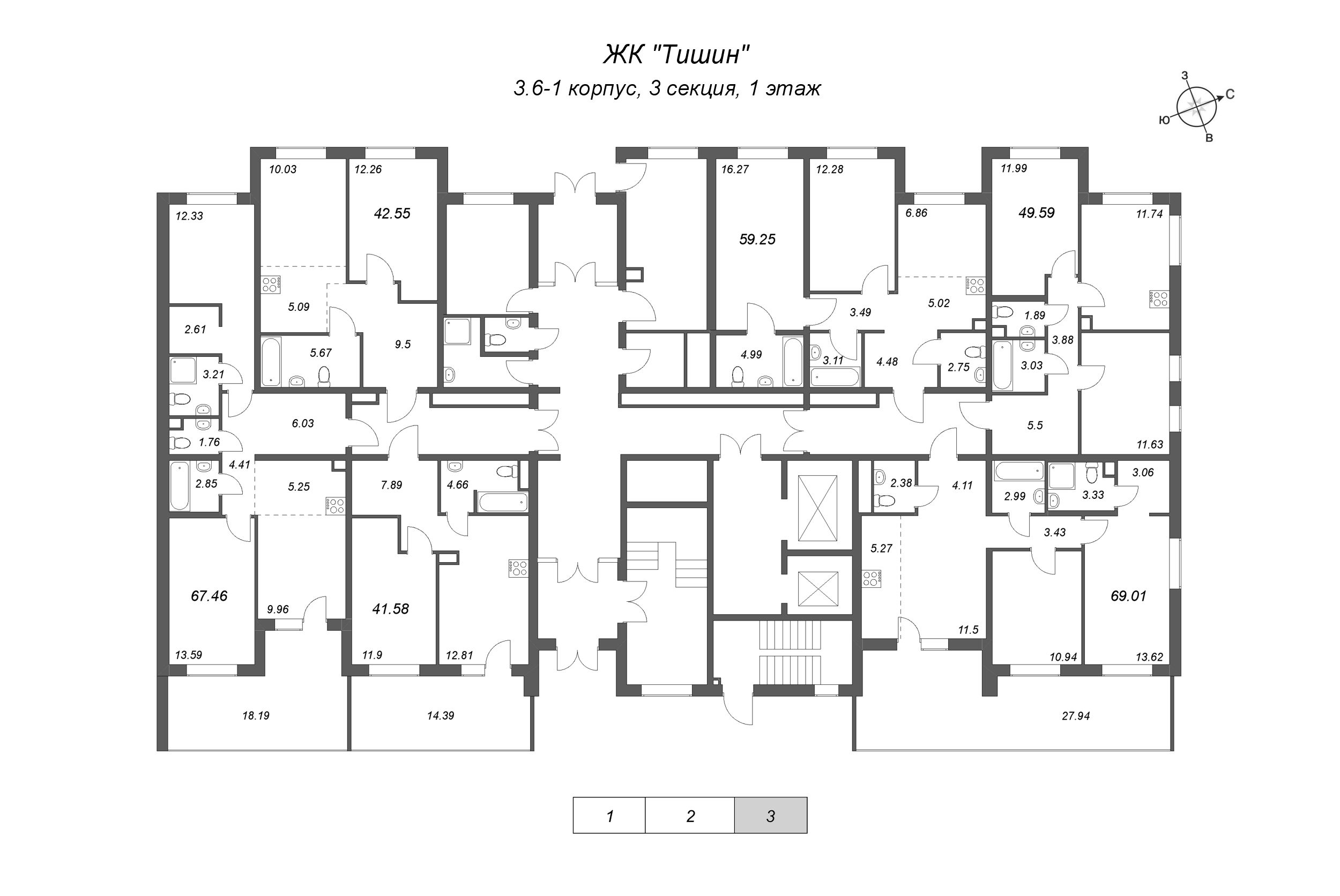2-комнатная квартира, 49.59 м² в ЖК "Тишин" - планировка этажа