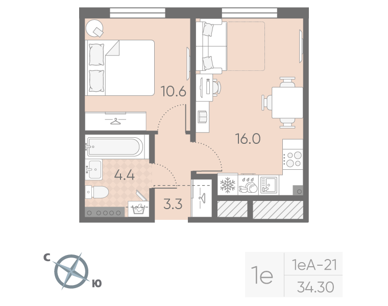 2-комнатная (Евро) квартира, 34.3 м² в ЖК "Пулково Lake" - планировка, фото №1