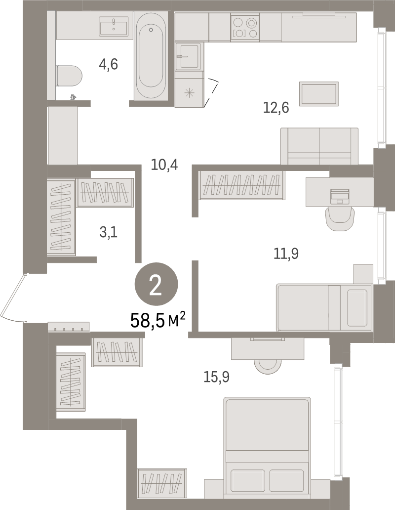 2-комнатная квартира, 58.5 м² в ЖК "Брусника в Новоселье" - планировка, фото №1